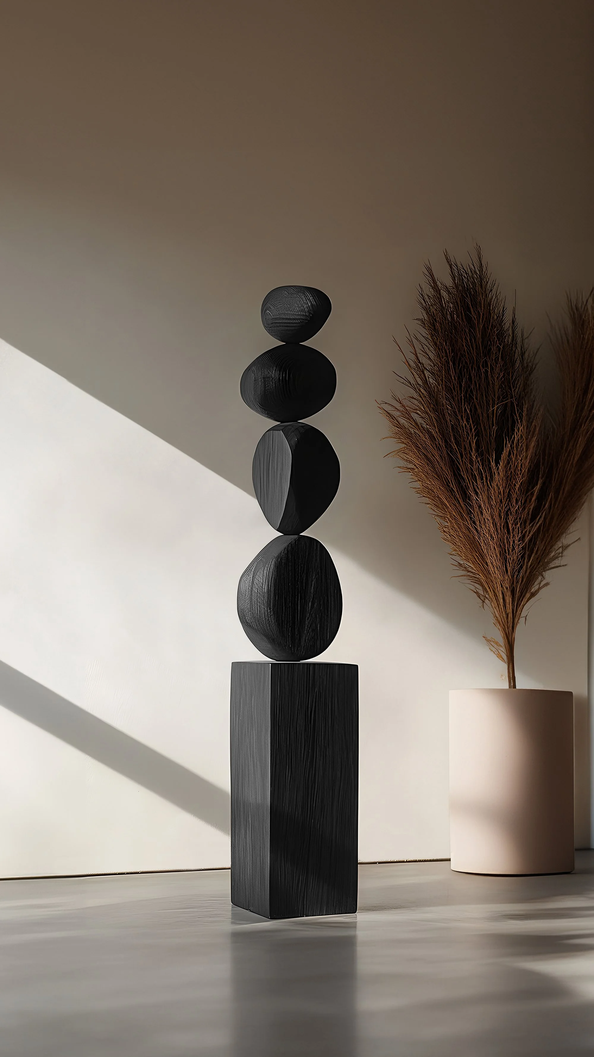 Modern Totem in Dark Elegance, Carved Burned Oak, Presented in